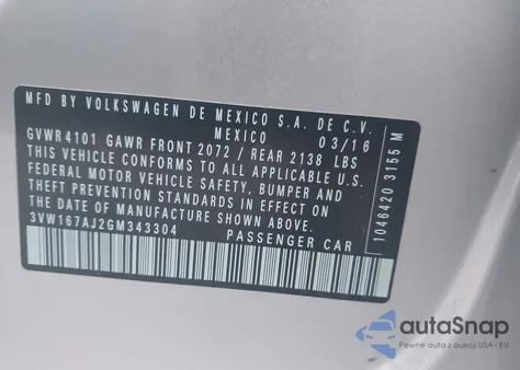 2016 Volkswagen Jetta 1.4T S from USA, damaged, VIN 3VW167AJ2GM343304